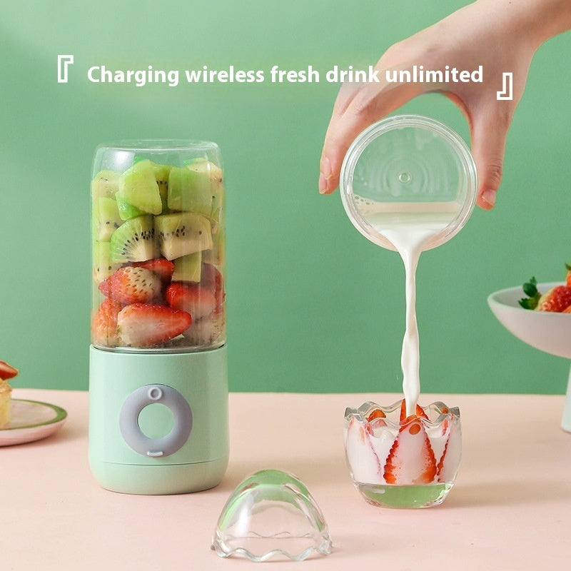 Portable blender with fruits, milk being poured into a glass, and text about wireless charging and unlimited fresh drinks.