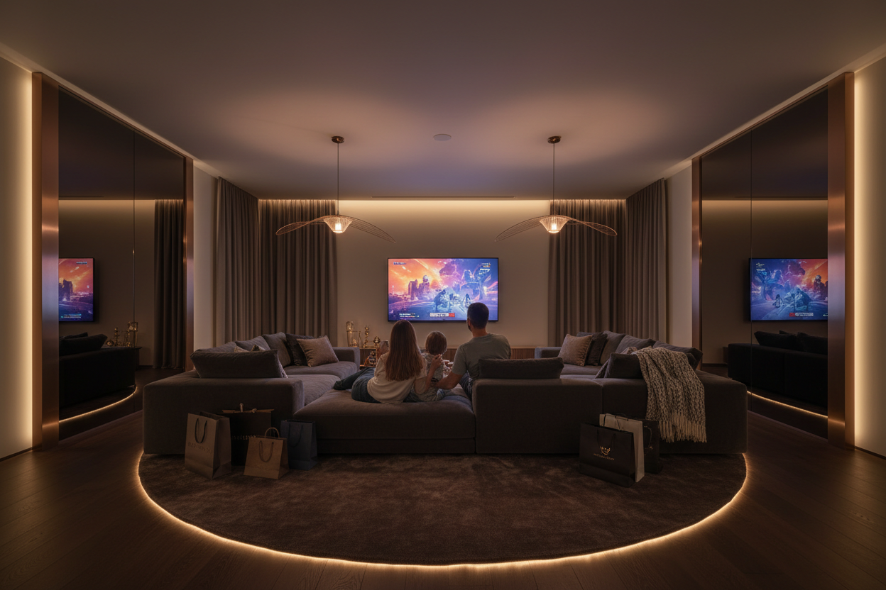 Modern living room with a large screen displaying colorful content, surrounded by dimly lit walls.